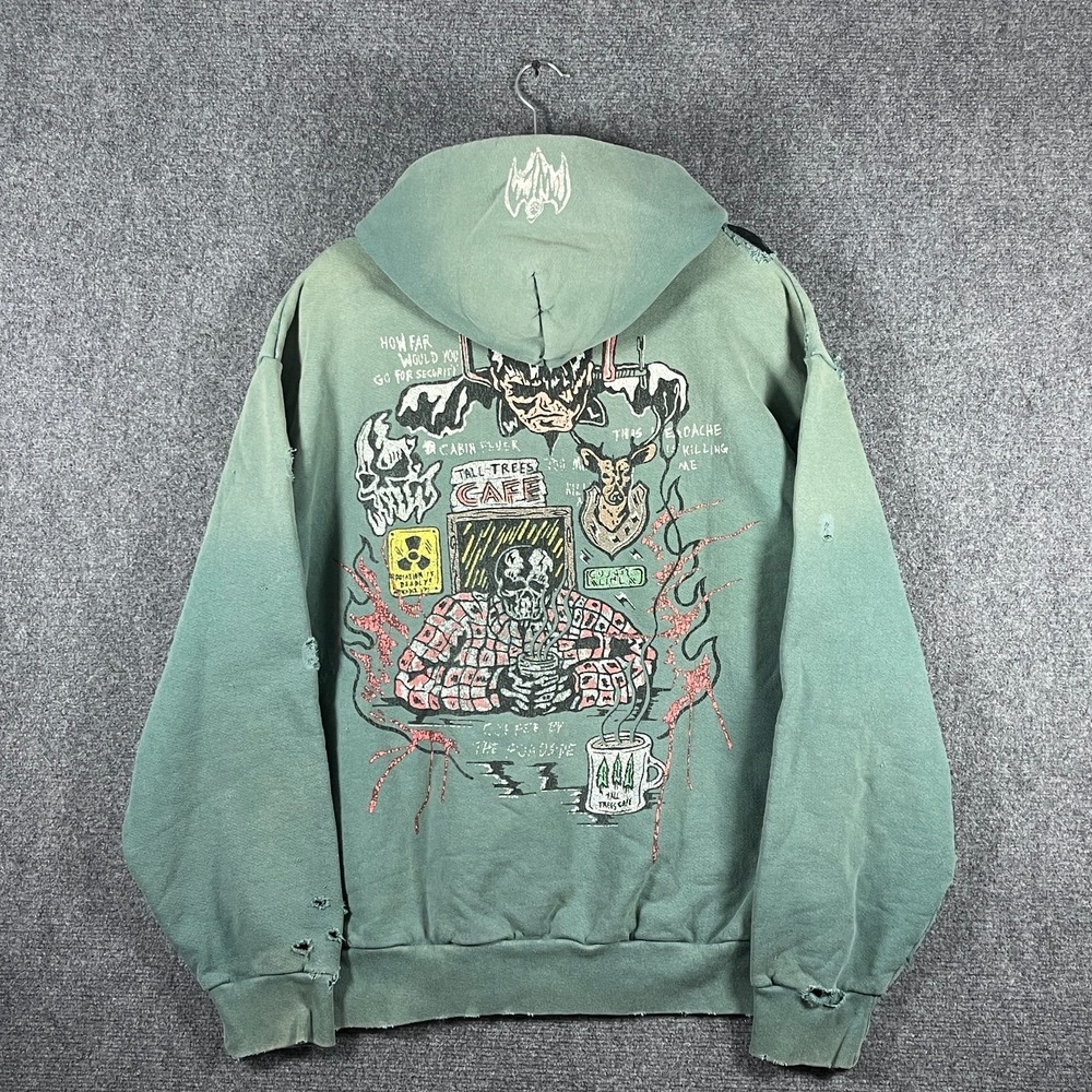 Warren Lotas Coffee by the Roadside Distressed Hoodie Teal Green Mens Size Large